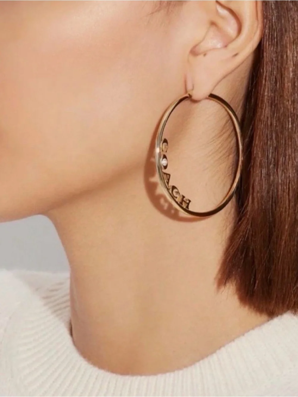 Coach Gold Large Hoop Earrings with Crystal New - Picture 3 of 5